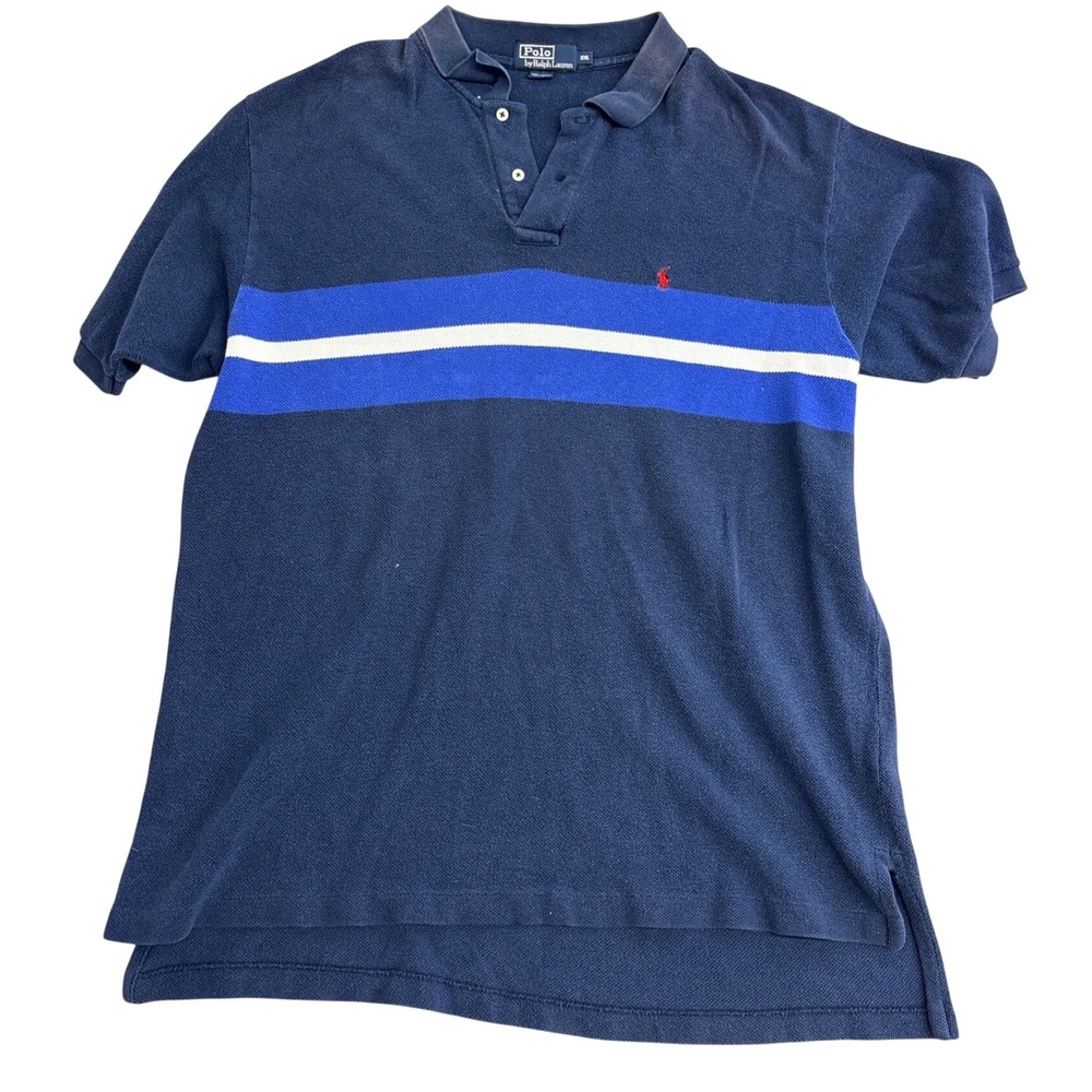 Polo Ralph Lauren Mens XXL Navy Blue Striped Pique Short Sleeve Polo Shirt